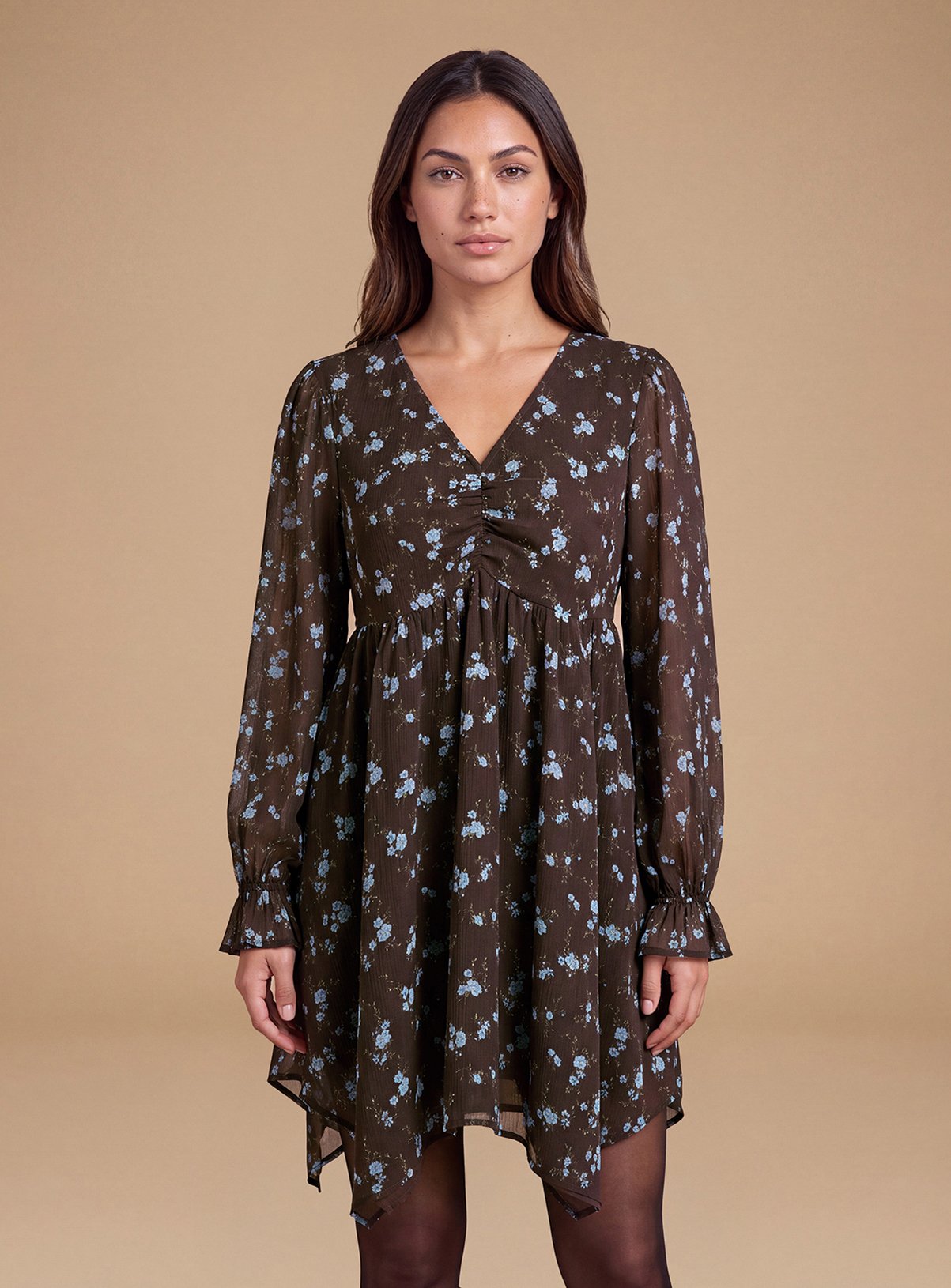 DOROTHY PERKINS Petite Hanky Hem Ruched Detail Printed Chiffon Mini Dress 12 - Image 1 thumbnail